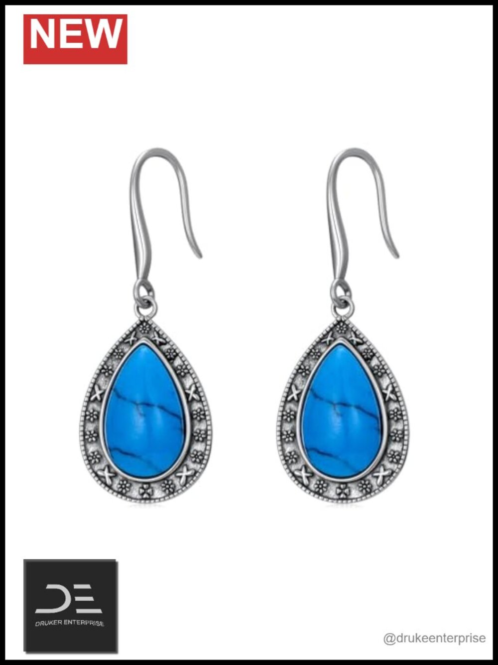 Sterling Silver Turquoise Drop Earrings, Vintage Dangle Earrings for Women